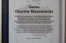 Certyfikat-Ożarów Mazowiecki Samorządowym Liderem Edukacji 2015
