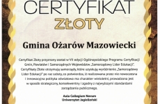 Certyfikat złoty - Ożarów Mazowiecki Samorządowym Liderem Edukacji 2017
