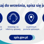 Na grafice jest napis: Nie czekaj do września, spisz się już teraz! Samodzielnie na spis.gov.pl, dzwoniąc na infolinię spisową, w gminnym punkcie spisowym, z pomocą rachmistrza. Na dole grafiki są cztery małe koła ze znakami dodawania, odejmowania, mnożenia i dzielenia, obok nich napis: Liczymy się dla Polski! Po środku jest adres strony internetowej: spis.gov.pl. W prawym dolnym rogu jest logotyp spisu: dwa nachodzące na siebie pionowo koła, GUS, pionowa kreska, Narodowy Spis Powszechny Ludności i Mieszkań 2021.